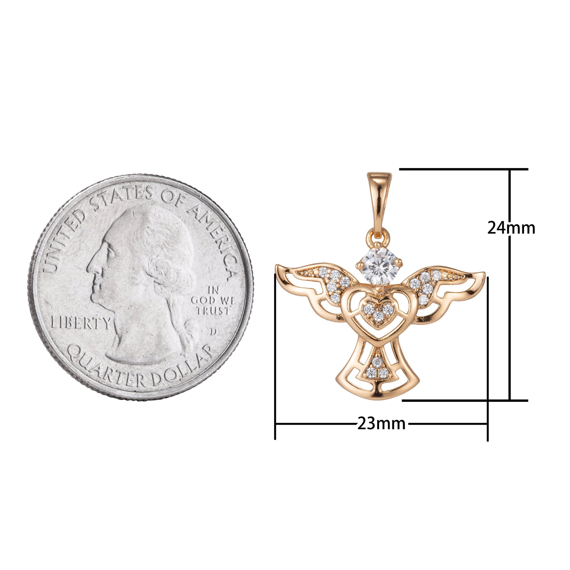 1pc 18k Gold Micro Pave CZ Angel Wing Heart Pendant Charm, Micro Pave CZ Pendant Charm, Pendant, For DIY Jewelry
