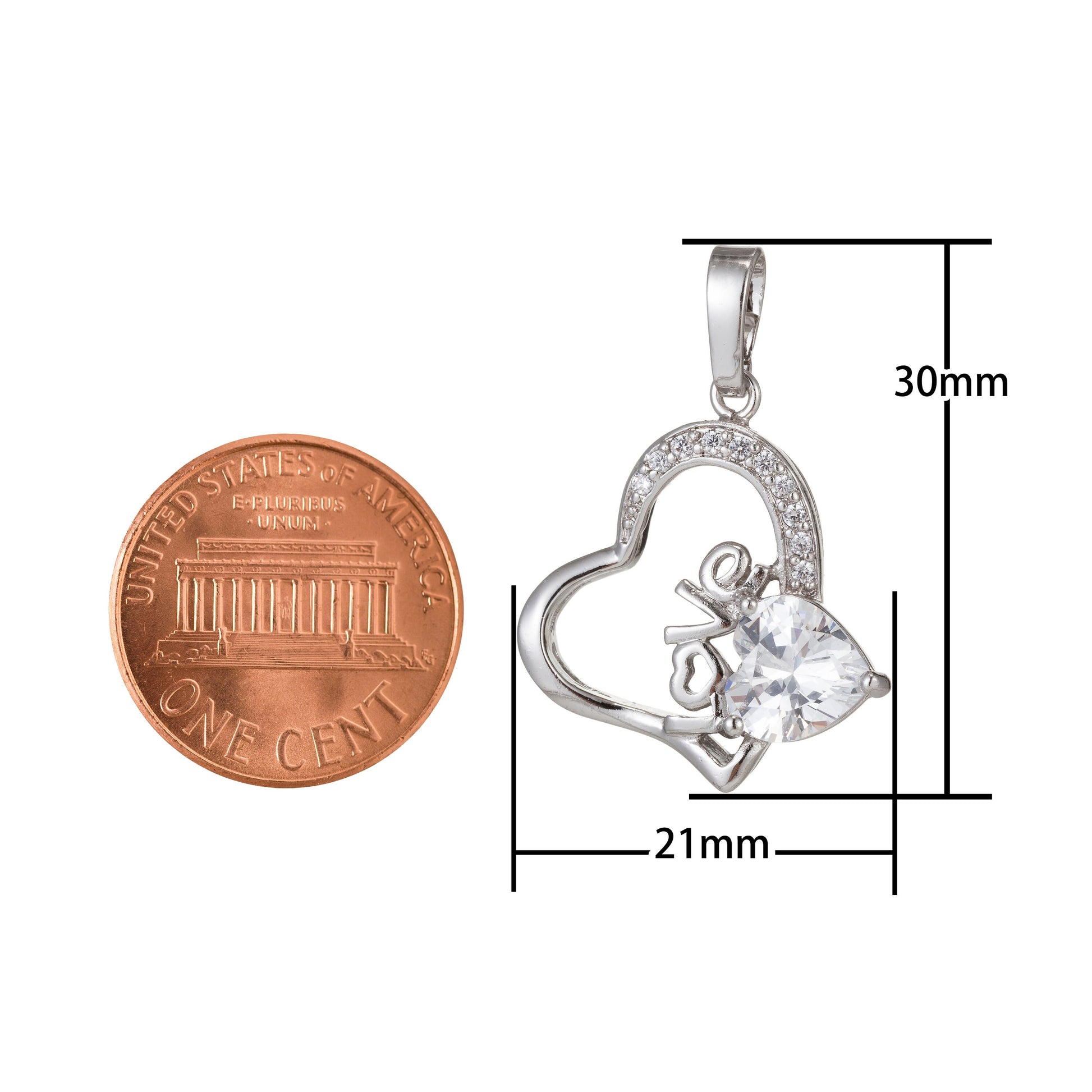 1pc White Gold Micro Pave CZ Love Heart Pendant Charm, Heart Micro Pave CZ Pendant Charm, White Pendant, For DIY Jewelry