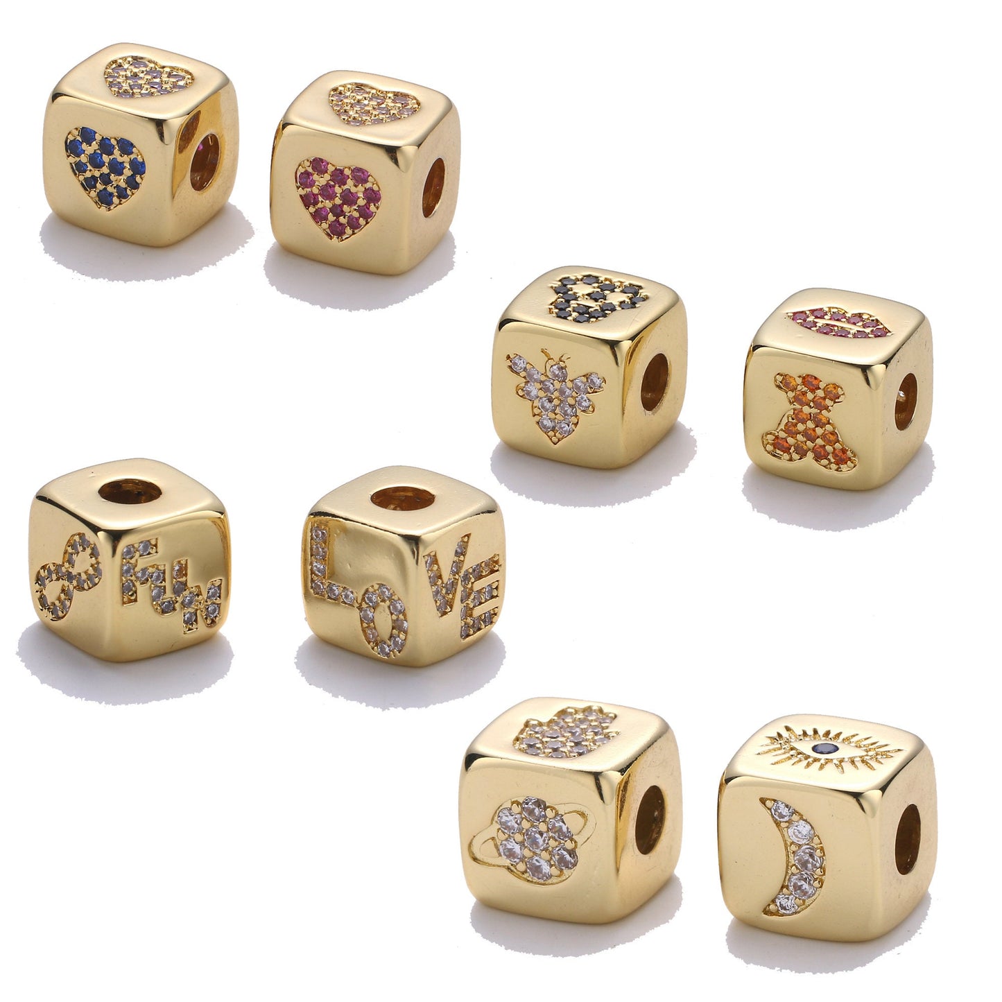 1pc 9x9mm CZ Gold Beads, Evil Eye Beads, Heart Beads, Love Beads, Animal Blocks Micro Pave Block Charm Bracelet Necklace Supply 439