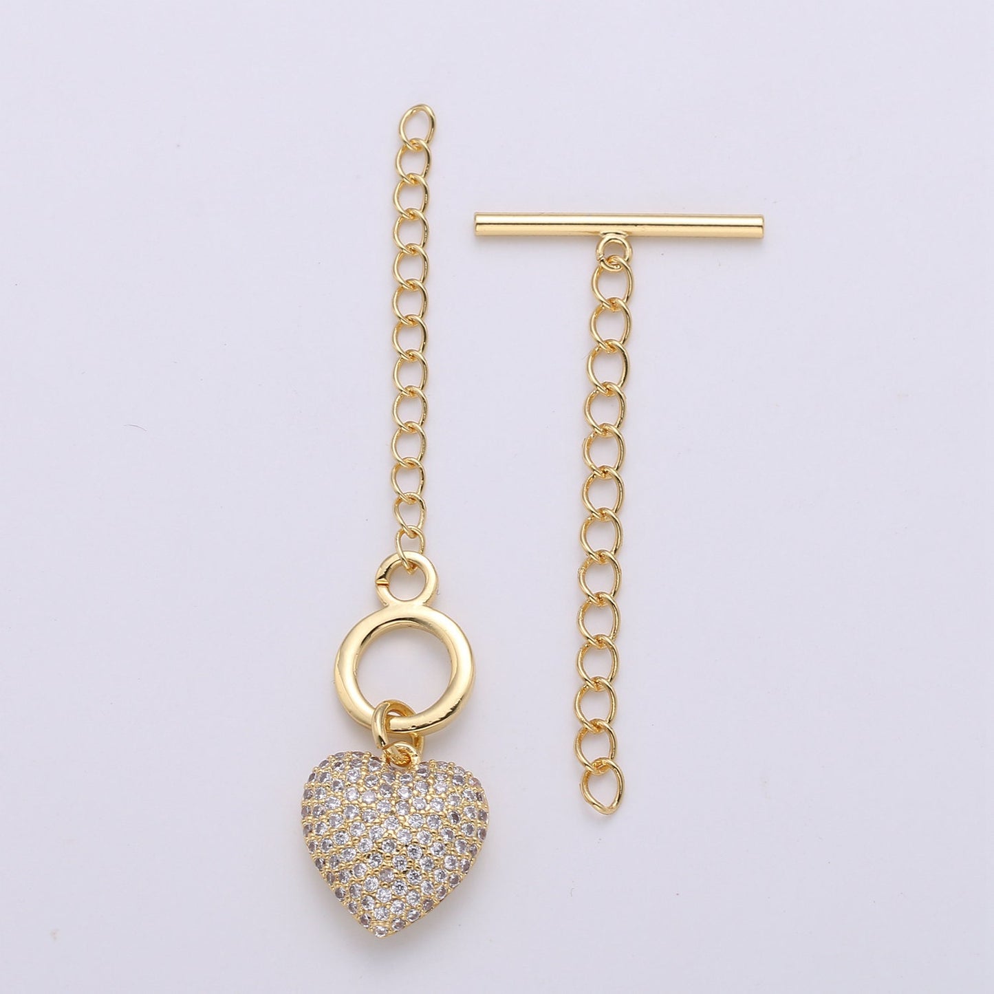 1 Set of 14K Gold Toggle Clasp with CZ On Charm, 22mmx10mm Heart Charm and 10mmx2mm Bar. Extender Chain is 35mm 1.5inches You Can Cut
