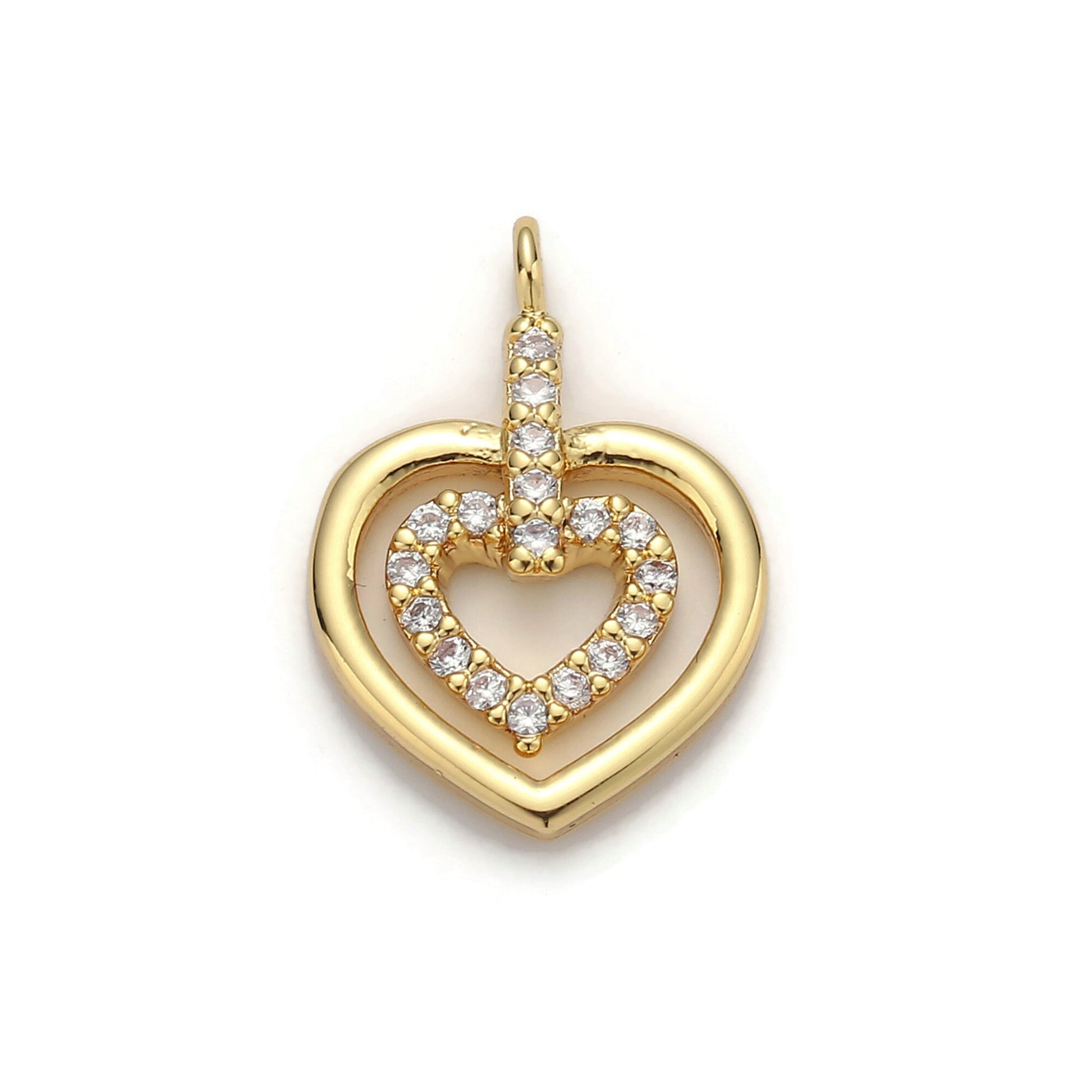 1pc 24k Gold Micro Pave CZ Heart Pendant Charm, Heart in Heart Micro Pave CZ Pendant Charm, Pendant, For DIY Jewelry
