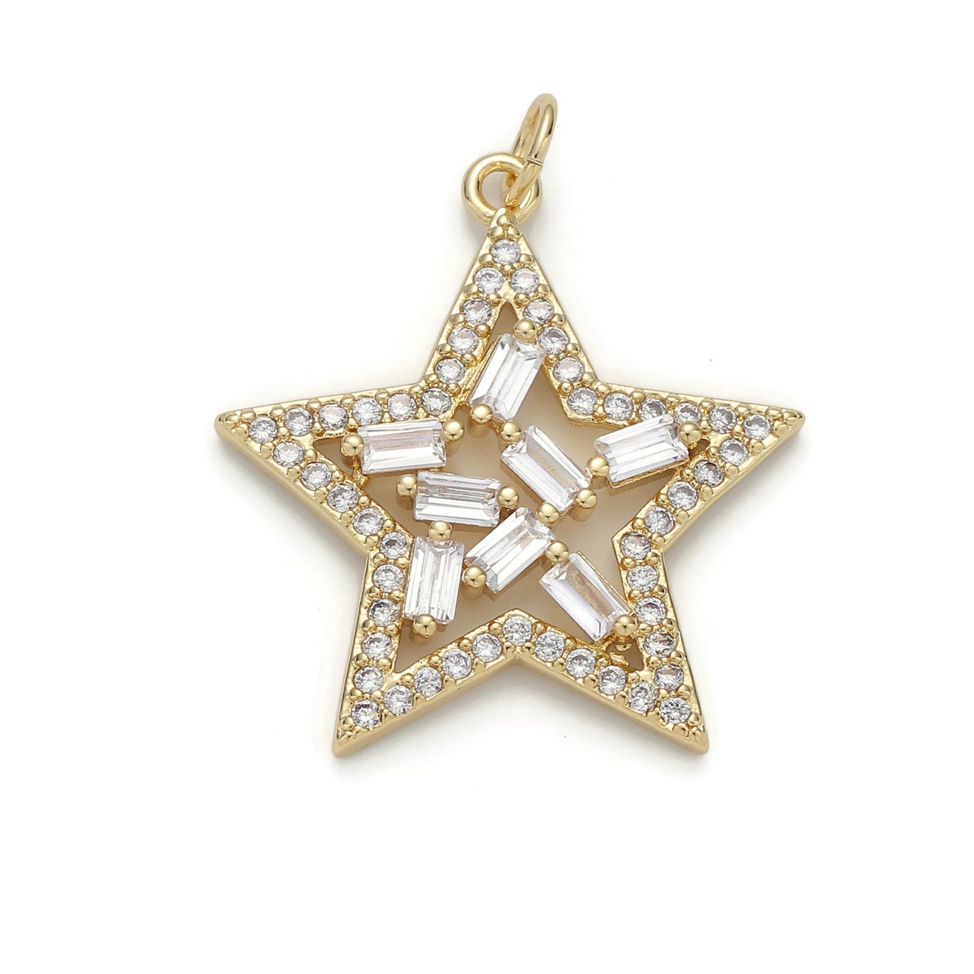 1pc 24k Gold Micro Pave Star Charm, Cubic Zirconia Star Pendant Charm, Charm, For DIY Jewelry