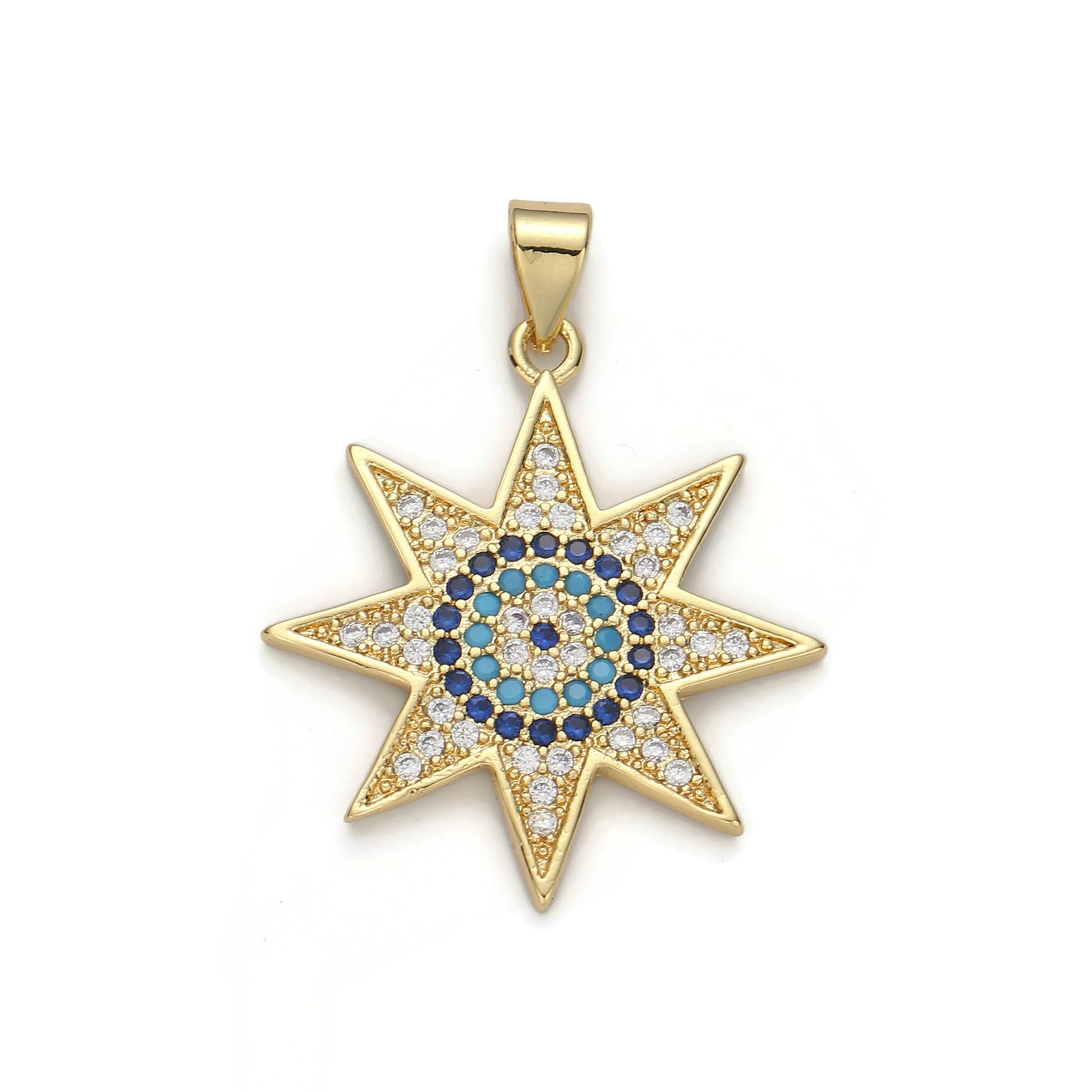 1pc 24k Gold Micro Pave CZ Star Solar Pendant Charm, Micro Pave CZ Star Solar Pendant Charm, For DIY Jewelry