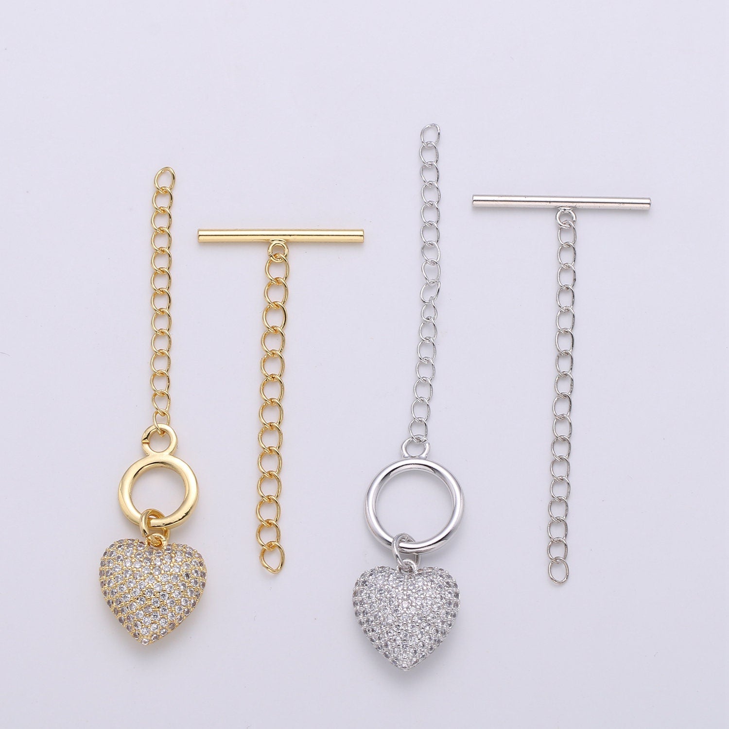1 Set of 14K Gold Toggle Clasp with CZ On Charm, 22mmx10mm Heart Charm and 10mmx2mm Bar. Extender Chain is 35mm 1.5inches You Can Cut
