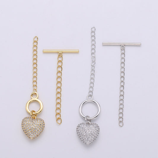 1 Set of 14K Gold Toggle Clasp with CZ On Charm, 22mmx10mm Heart Charm and 10mmx2mm Bar. Extender Chain is 35mm 1.5inches You Can Cut