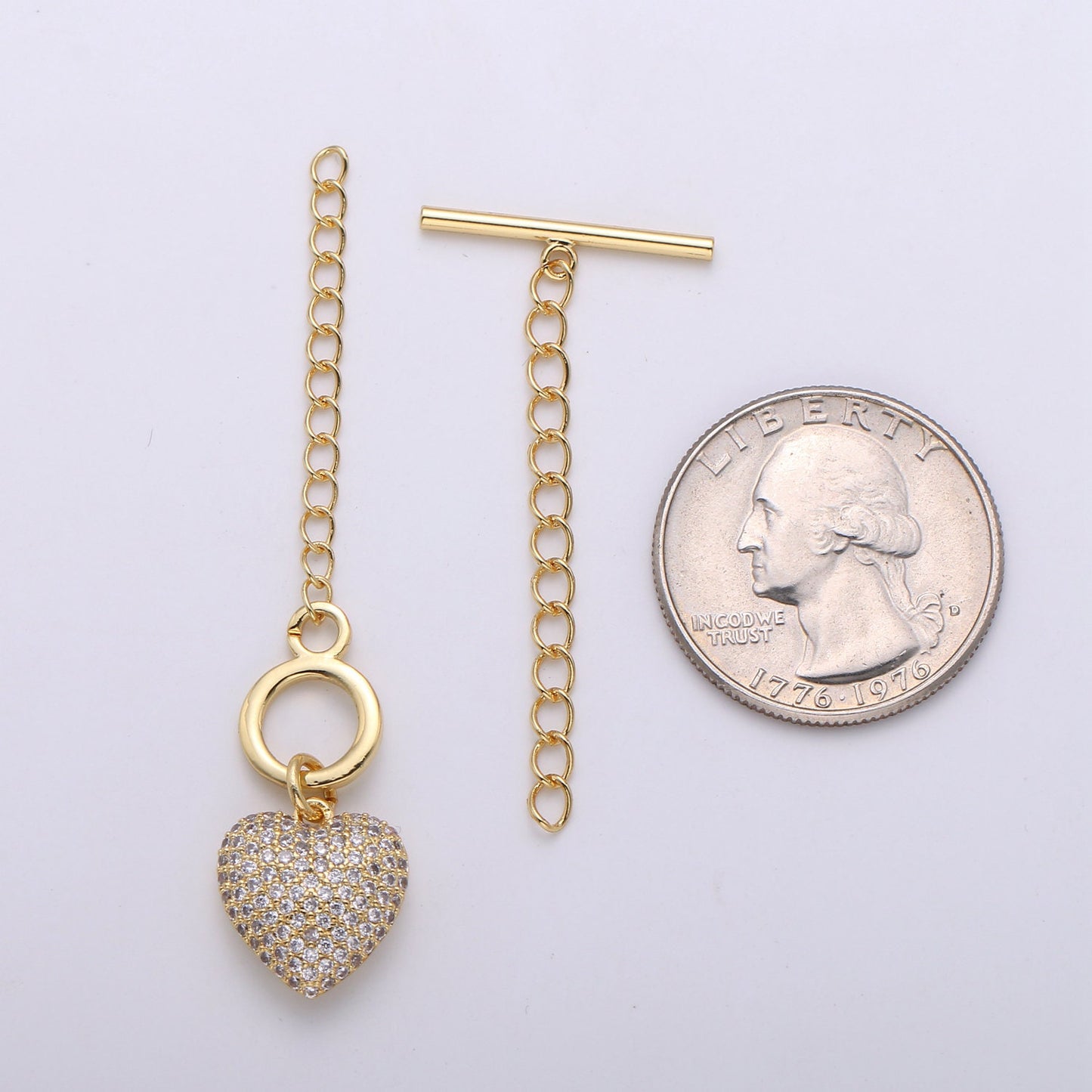 1 Set of 14K Gold Toggle Clasp with CZ On Charm, 22mmx10mm Heart Charm and 10mmx2mm Bar. Extender Chain is 35mm 1.5inches You Can Cut