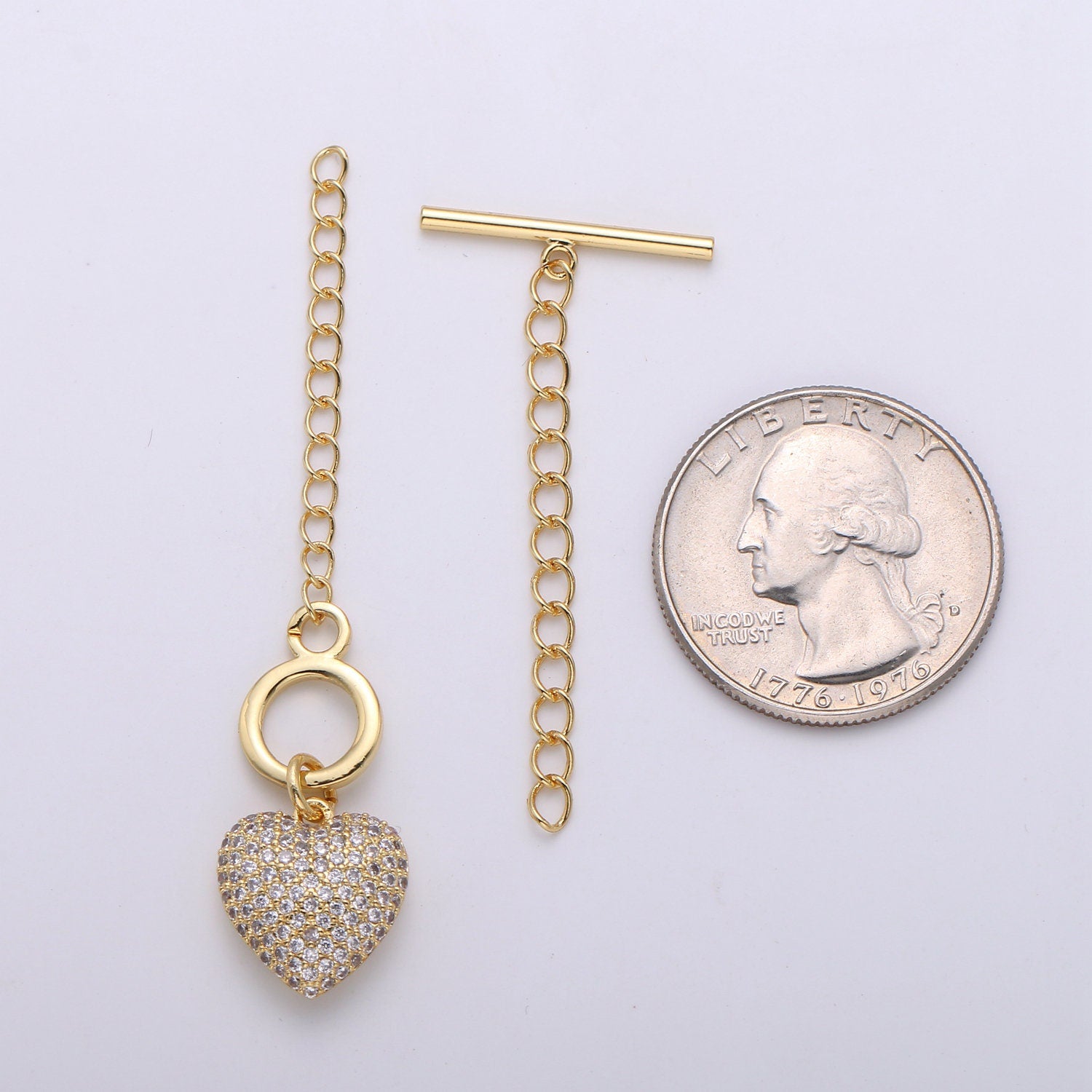 1 Set of 14K Gold Toggle Clasp with CZ On Charm, 22mmx10mm Heart Charm and 10mmx2mm Bar. Extender Chain is 35mm 1.5inches You Can Cut
