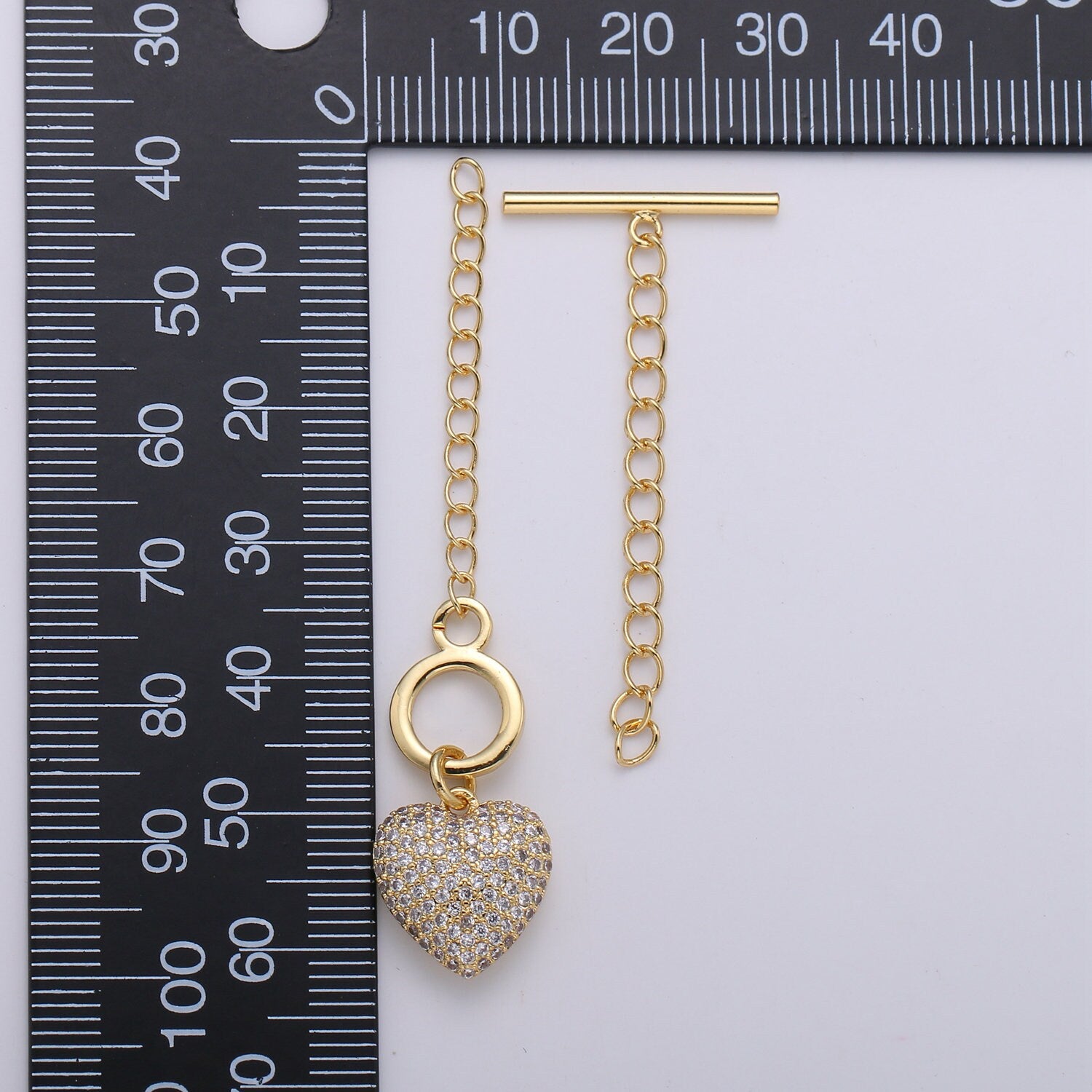 1 Set of 14K Gold Toggle Clasp with CZ On Charm, 22mmx10mm Heart Charm and 10mmx2mm Bar. Extender Chain is 35mm 1.5inches You Can Cut