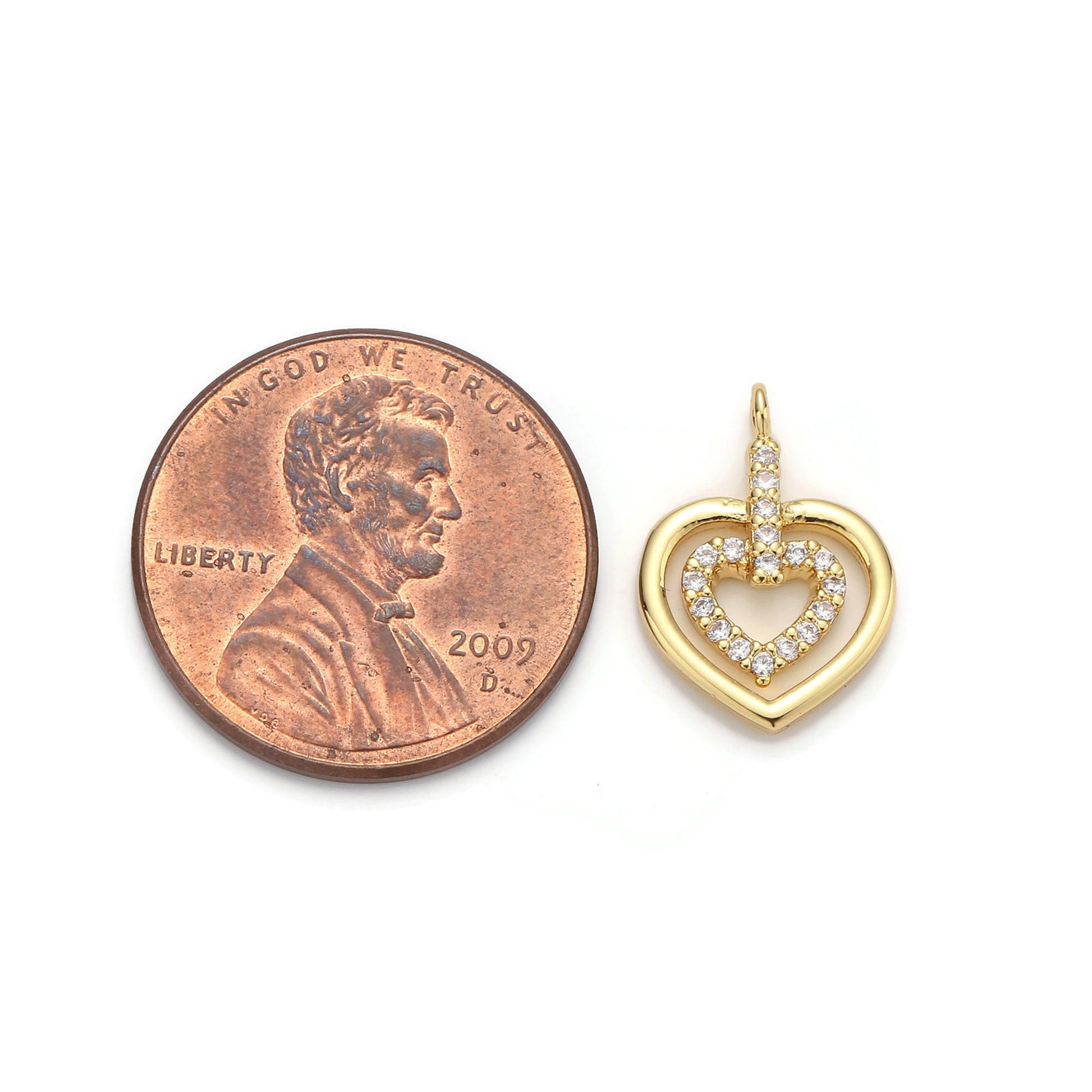 1pc 24k Gold Micro Pave CZ Heart Pendant Charm, Heart in Heart Micro Pave CZ Pendant Charm, Pendant, For DIY Jewelry