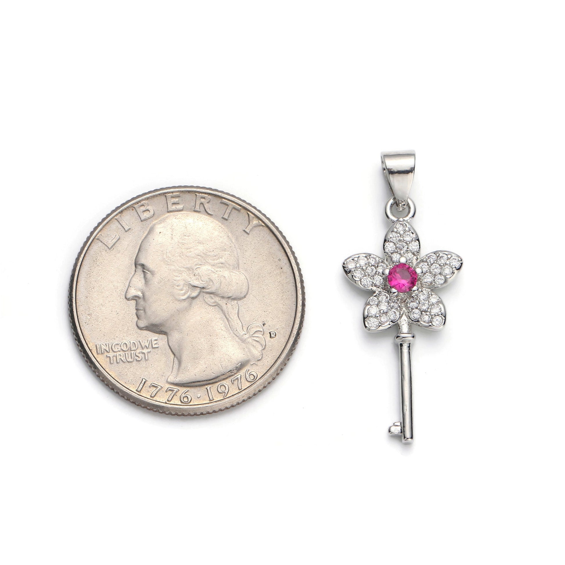 1pc White Gold Micro Pave CZ Flower Key Pendant Charm, Micro Pave CZ Key Pendant Charm, White Gold Key Pendant, For DIY Jewelry