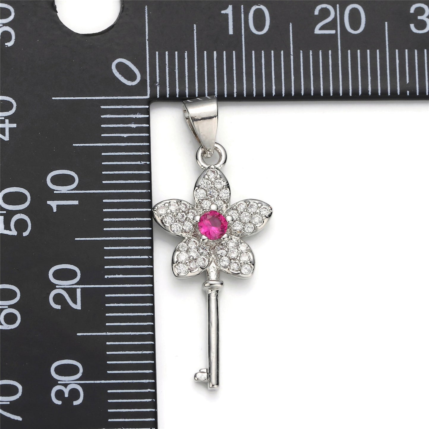 1pc White Gold Micro Pave CZ Flower Key Pendant Charm, Micro Pave CZ Key Pendant Charm, White Gold Key Pendant, For DIY Jewelry