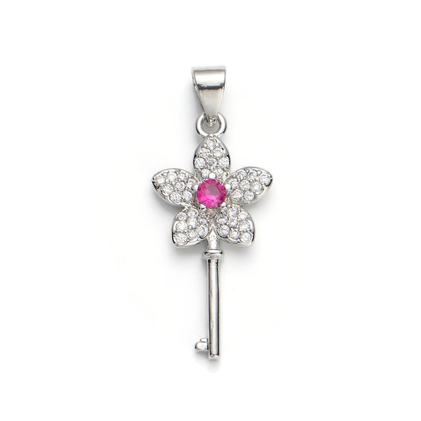 1pc White Gold Micro Pave CZ Flower Key Pendant Charm, Micro Pave CZ Key Pendant Charm, White Gold Key Pendant, For DIY Jewelry