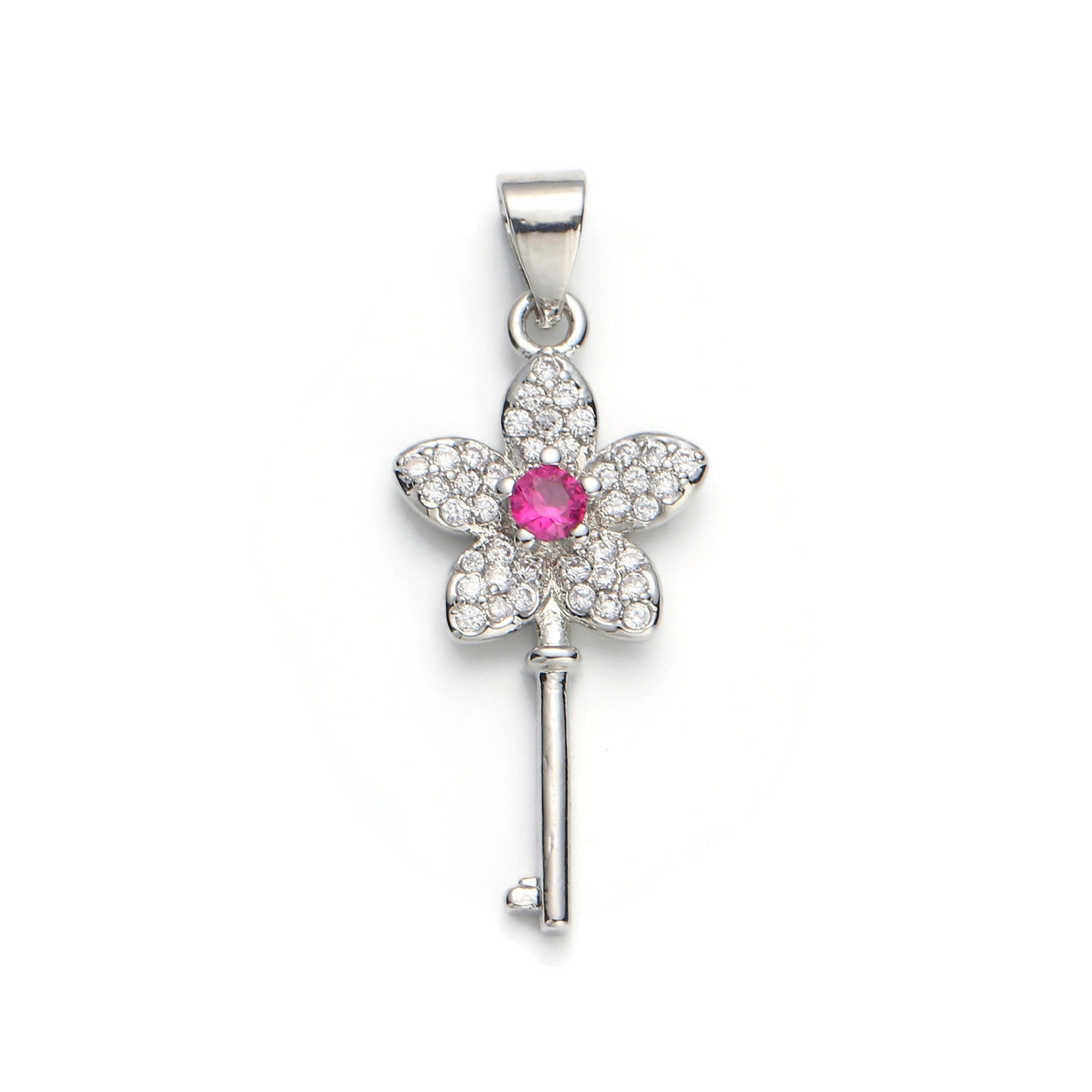 1pc White Gold Micro Pave CZ Flower Key Pendant Charm, Micro Pave CZ Key Pendant Charm, White Gold Key Pendant, For DIY Jewelry