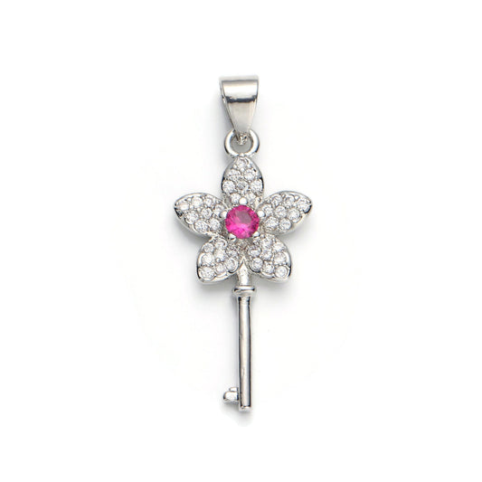 1pc White Gold Micro Pave CZ Flower Key Pendant Charm, Micro Pave CZ Key Pendant Charm, White Gold Key Pendant, For DIY Jewelry