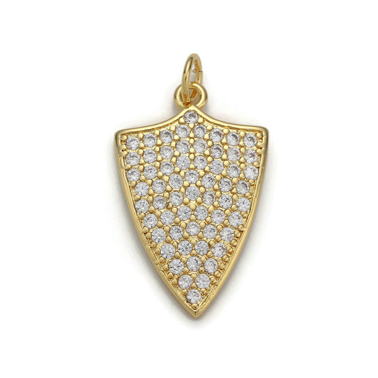 1pc 24k Gold Micro Pave Shield Charm, Cubic Zirconia Shield Pendant Charm, Charm, For DIY Jewelry