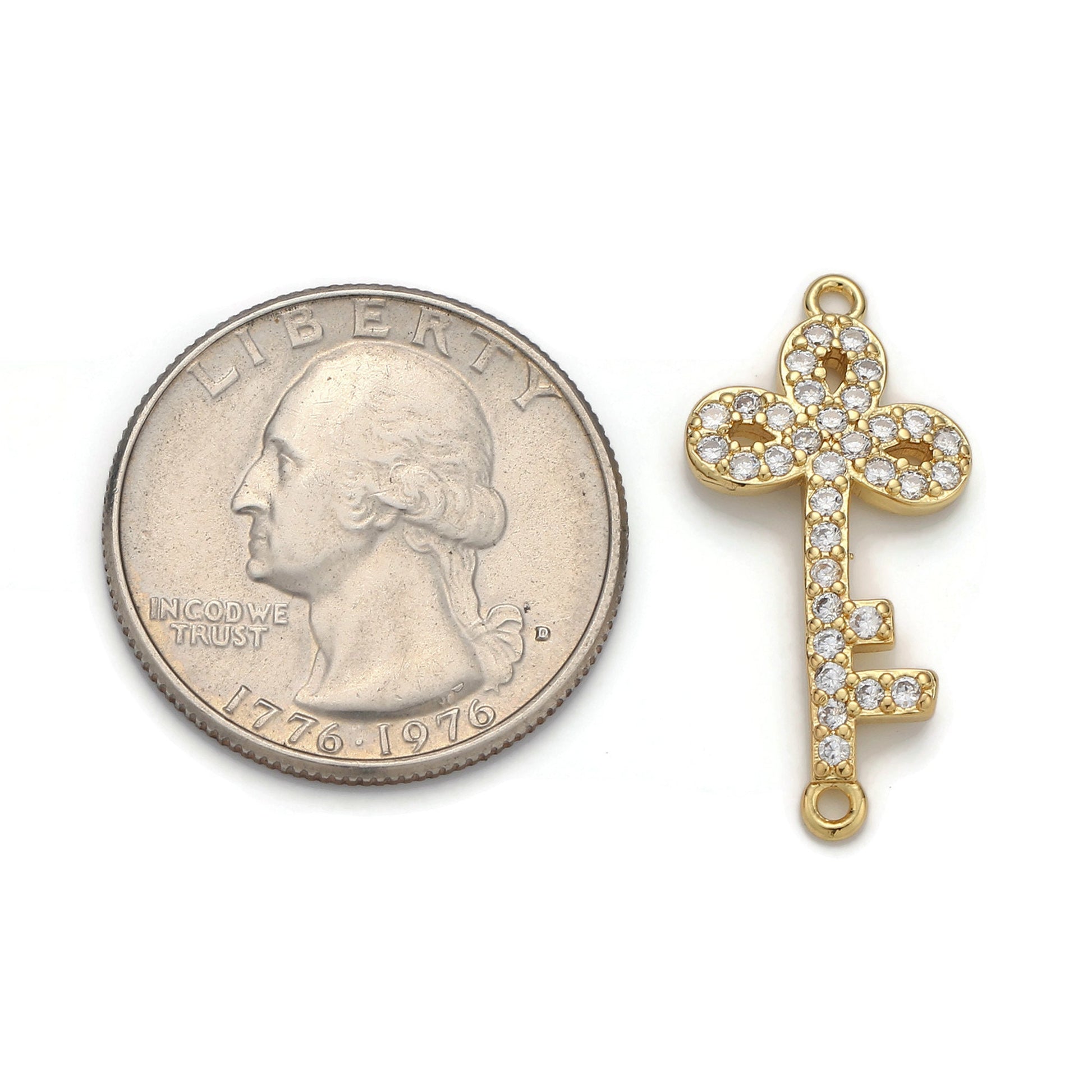 1pc 24k Gold Micro Pave Key Charm, Cubic Zirconia Key Pendant Charm, Charm, For DIY Jewelry