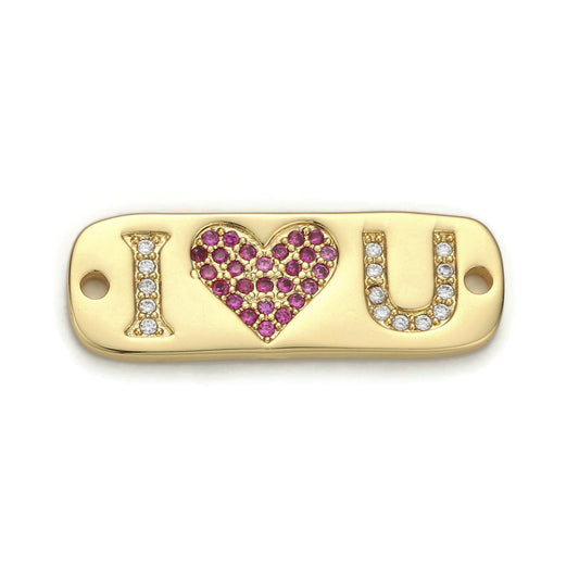 1pc Gold I Love Heart You Micro Pave Connector Charm, Cubic Zirconia Pendant Charm, For DIY Jewelry, Gold Color, F-374