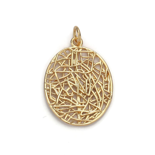 1pc 24k Gold Patterned Oval Charm, Branch Paisley Pendant Charm, Charm, For DIY Jewelry, Gold Color