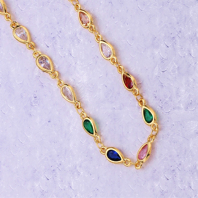 Gold, White Gold Micro Pave Colorful Charm Chain , Rainbow Micro Pave CZ Charm Specialty Link Chain by Foot, Chain size 10x4mm,Roll-115, 116