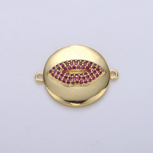 1pc Gold Lips Kiss Micro Pave Connector Charm, Cubic Zirconia Pendant Charm, For DIY Jewelry, Gold Color