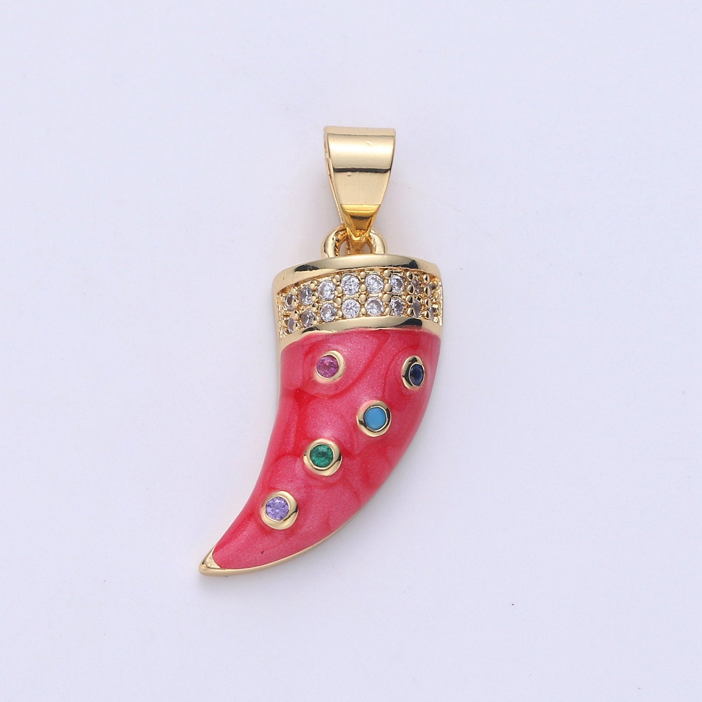 1pc Gold Micro Pave Horn Charm, Cubic Zirconia Enamel Horn Pendant Charm, Pink Red Blue Charm, For DIY Jewelry Necklace Supply, pdgf-21574