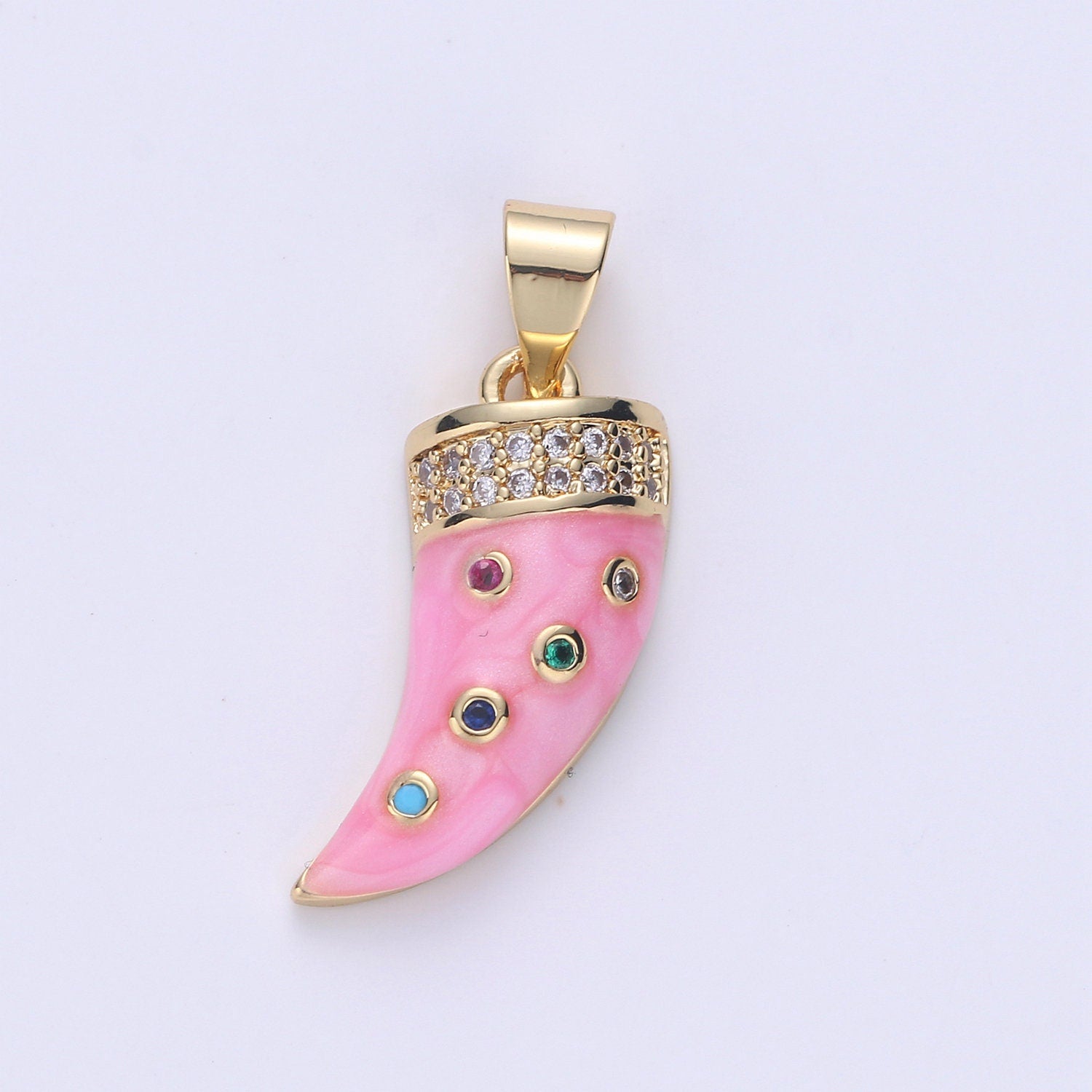 1pc Gold Micro Pave Horn Charm, Cubic Zirconia Enamel Horn Pendant Charm, Pink Red Blue Charm, For DIY Jewelry Necklace Supply, pdgf-21574