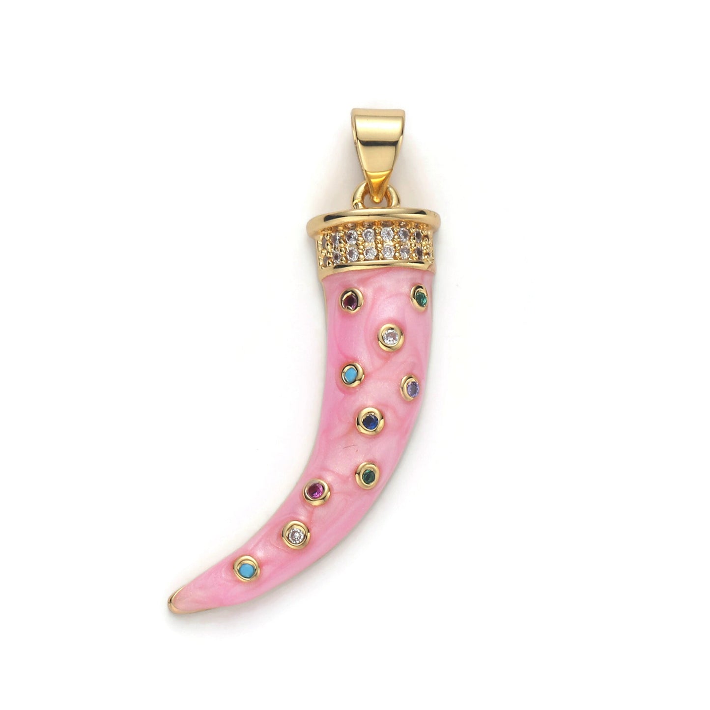 Large 24k Gold Micro Pave Horn Charm, Cubic Zirconia Enamel Horn Pendant Charm, Pink Red Blue Charm, For DIY Jewelry Supply 1570-1572