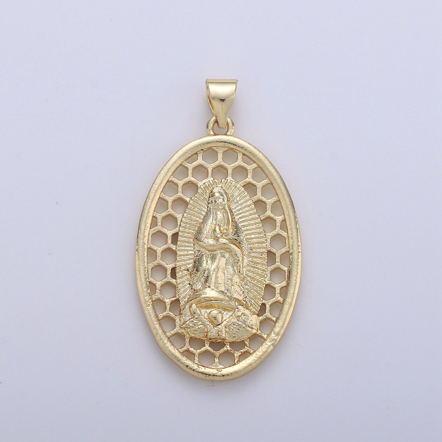 Oval Charm 24k Gold Virgin Mary Pendant, Lady Guadalupe Oval Charm, Mother of Jesus Medallion Pendant Necklace