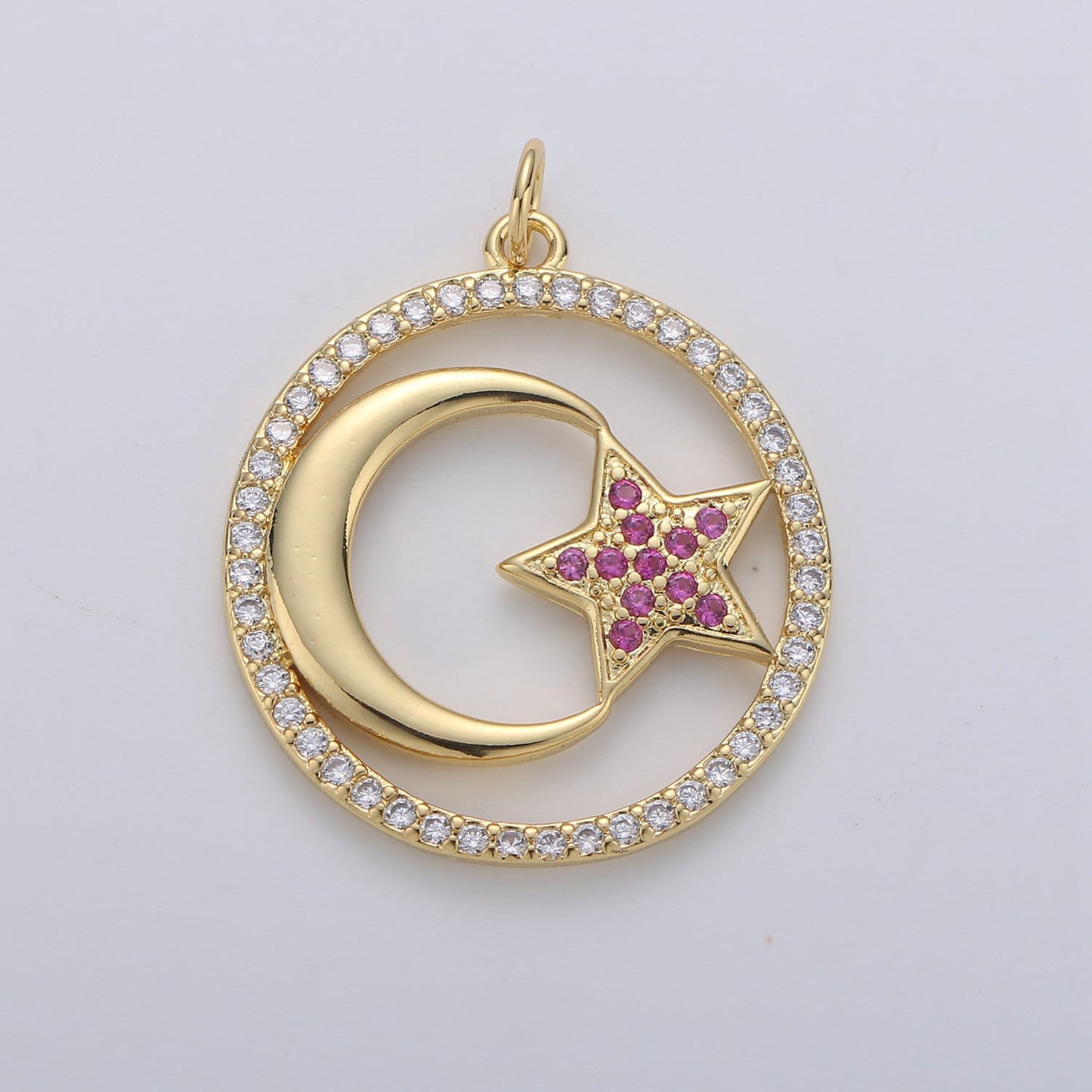 1pc 24k Gold Micro Pave Moon Charm, Cubic Zirconia Moon Pendant Charm Pink Star Charm Charm, For DIY Jewelry