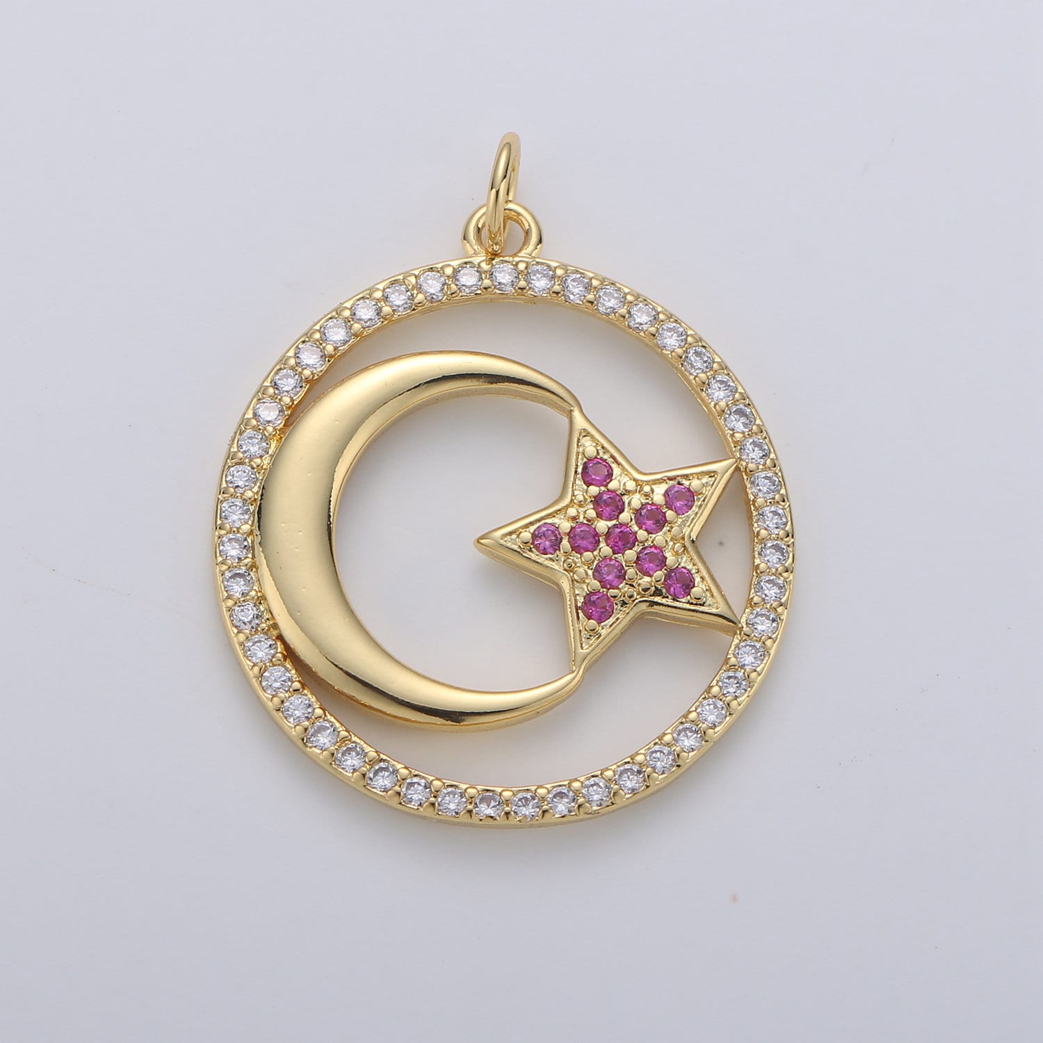 1pc 24k Gold Micro Pave Moon Charm, Cubic Zirconia Moon Pendant Charm Pink Star Charm Charm, For DIY Jewelry