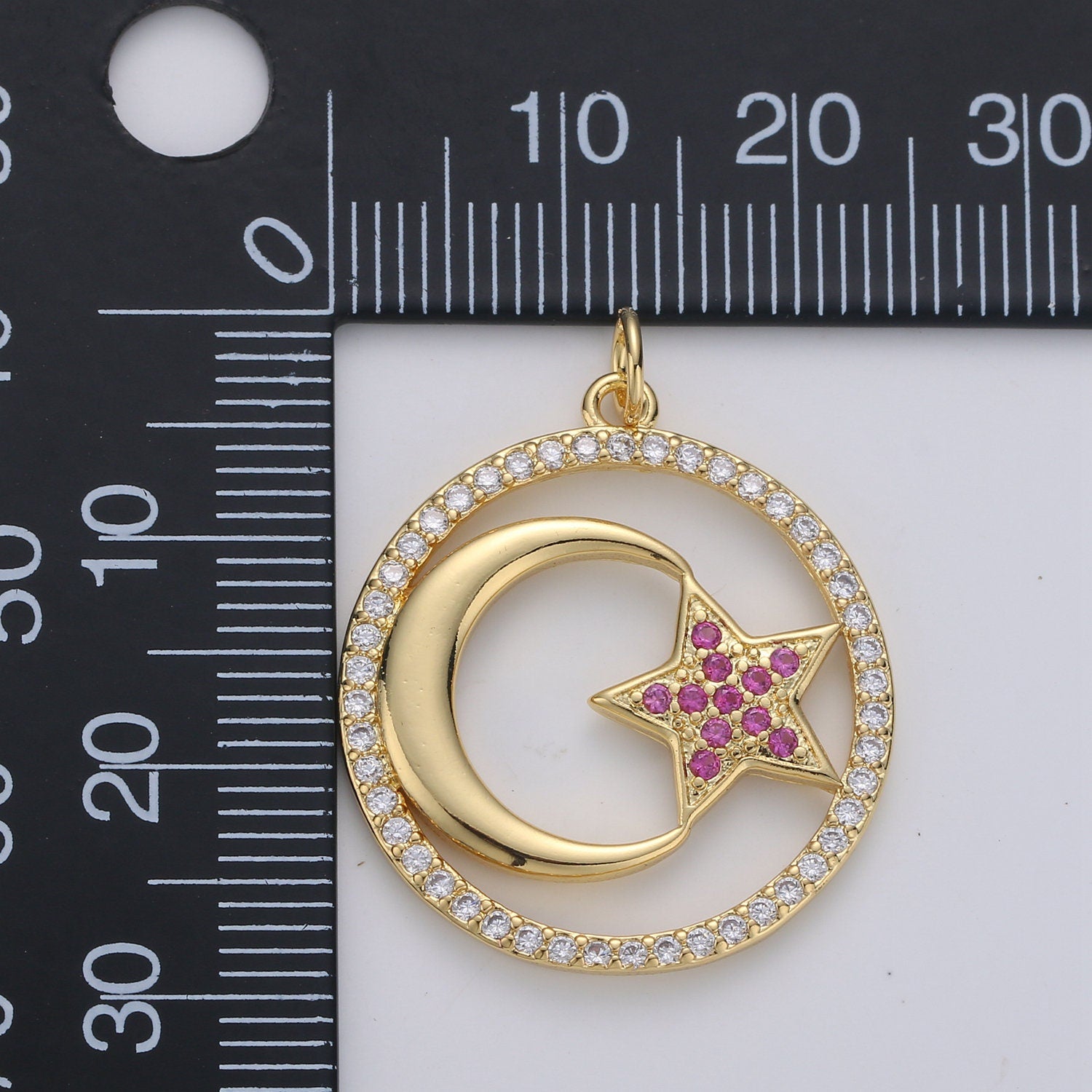 1pc 24k Gold Micro Pave Moon Charm, Cubic Zirconia Moon Pendant Charm Pink Star Charm Charm, For DIY Jewelry