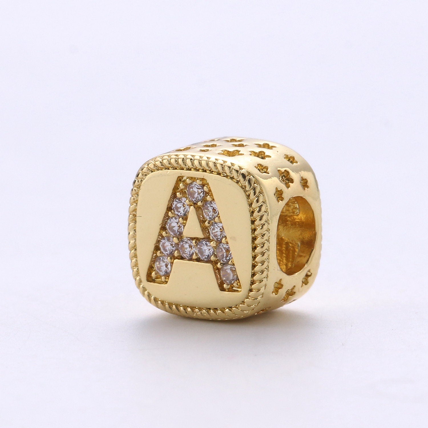 Double Sided Gold Initial Letter Beads, 9x9mm Alphabet Beads, Alphabet Blocks Micro Pave Cursive Letter Charm for Bracelet Necklace Supply03