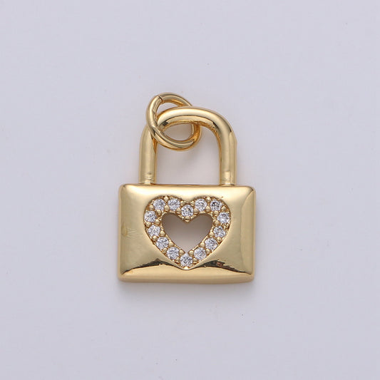 Dainty Padlock charm with Heart cz• 16x11mm •Gold • Sparkly Cubic Zirconia Lock Charm • Small Charm for Necklace Bracelet Earring D-369