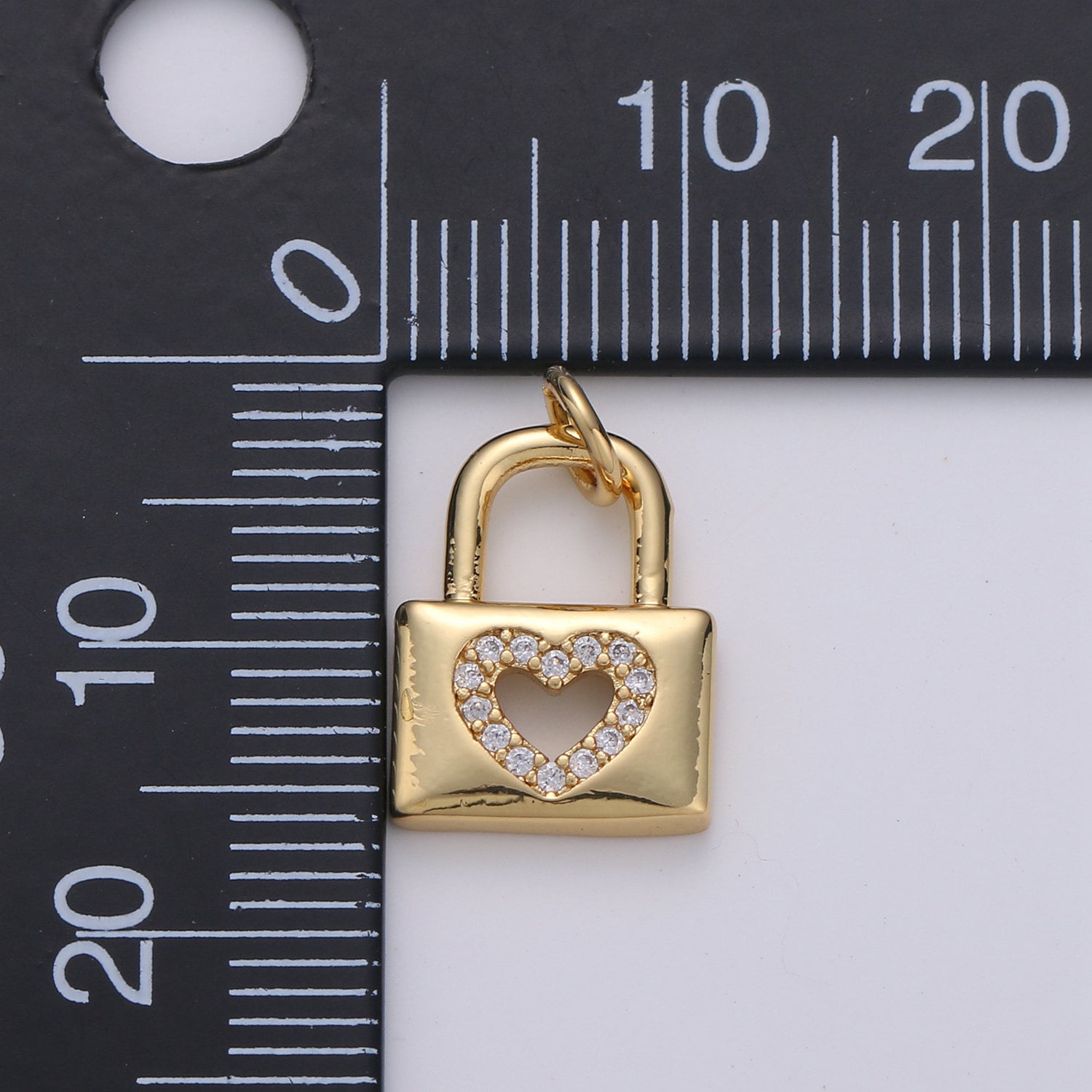 Dainty Padlock charm with Heart cz• 16x11mm •Gold • Sparkly Cubic Zirconia Lock Charm • Small Charm for Necklace Bracelet Earring D-369