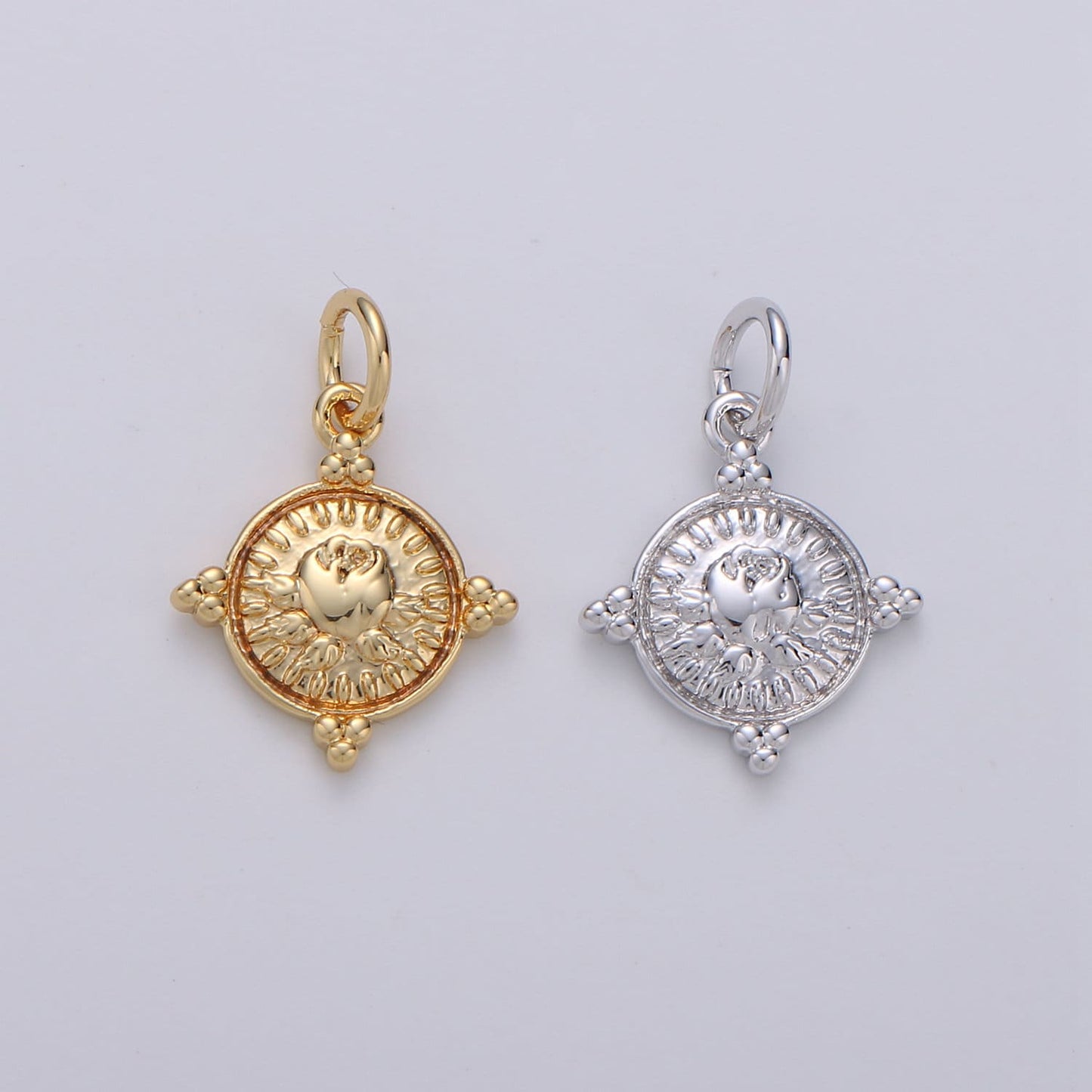 Gold Coin Charm - Silver coin charm, gold coin finding, flower charm, gold flower charm, Rose coin pendant, Dainty Charm