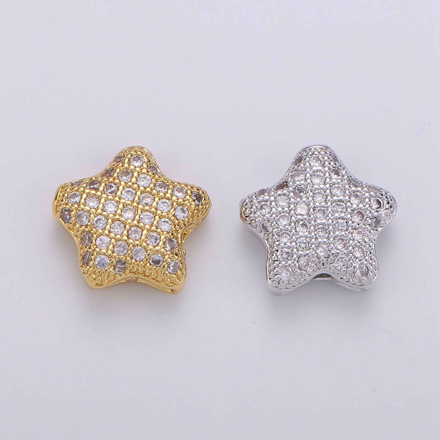 Micro Pave Star Beads - 12mm Small Beautiful Bright 3D Rounded Puffy Gold Star Beads for Bracelet | B-304, B-305