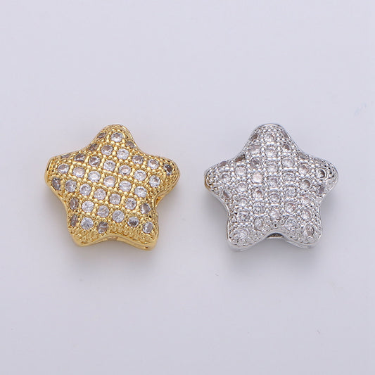 Micro Pave Star Beads - 12mm Small Beautiful Bright 3D Rounded Puffy Gold Star Beads for Bracelet | B-304, B-305