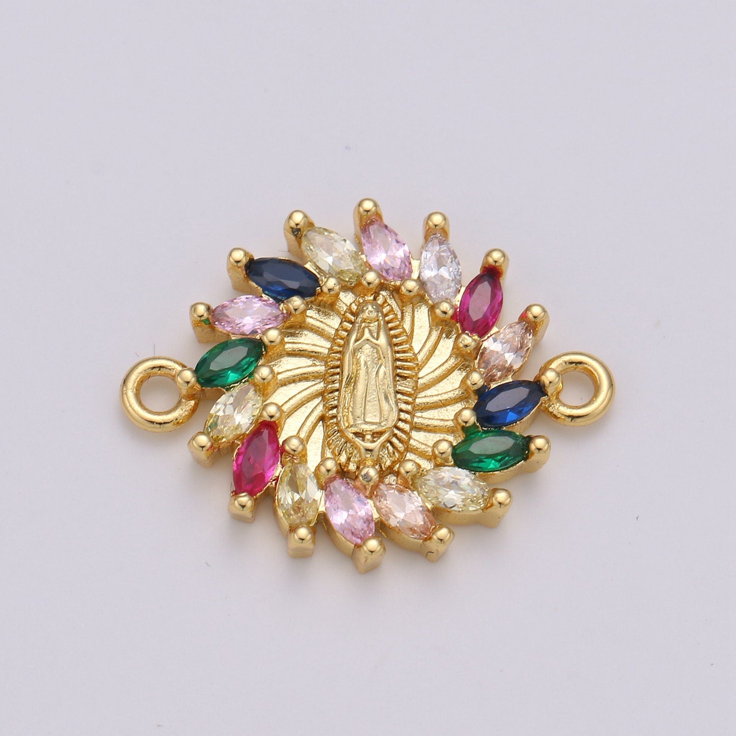 Rainbow CZ paved Gold Virgin Mother Mary Connectors, Catholic Baptism Lady Guadalupe Charm, Medallion Religious Jewelry Craft Supply