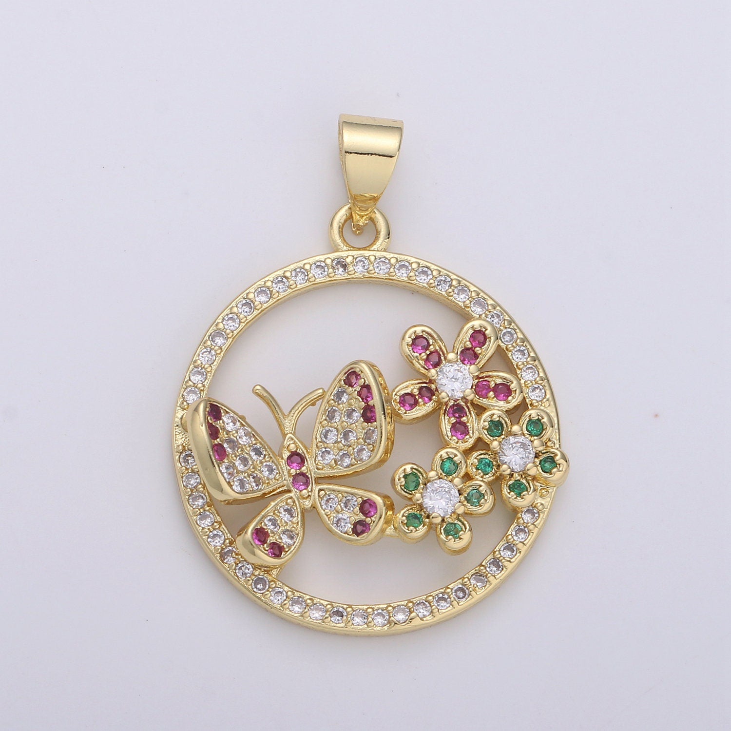 Dainty 24k Gold Micro Pave Butterfly Charm, Cubic Zirconia Round Circle Pendant Charm, Charm, For DIY Jewelry