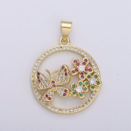 Dainty 24k Gold Micro Pave Butterfly Charm, Cubic Zirconia Round Circle Pendant Charm, Charm, For DIY Jewelry