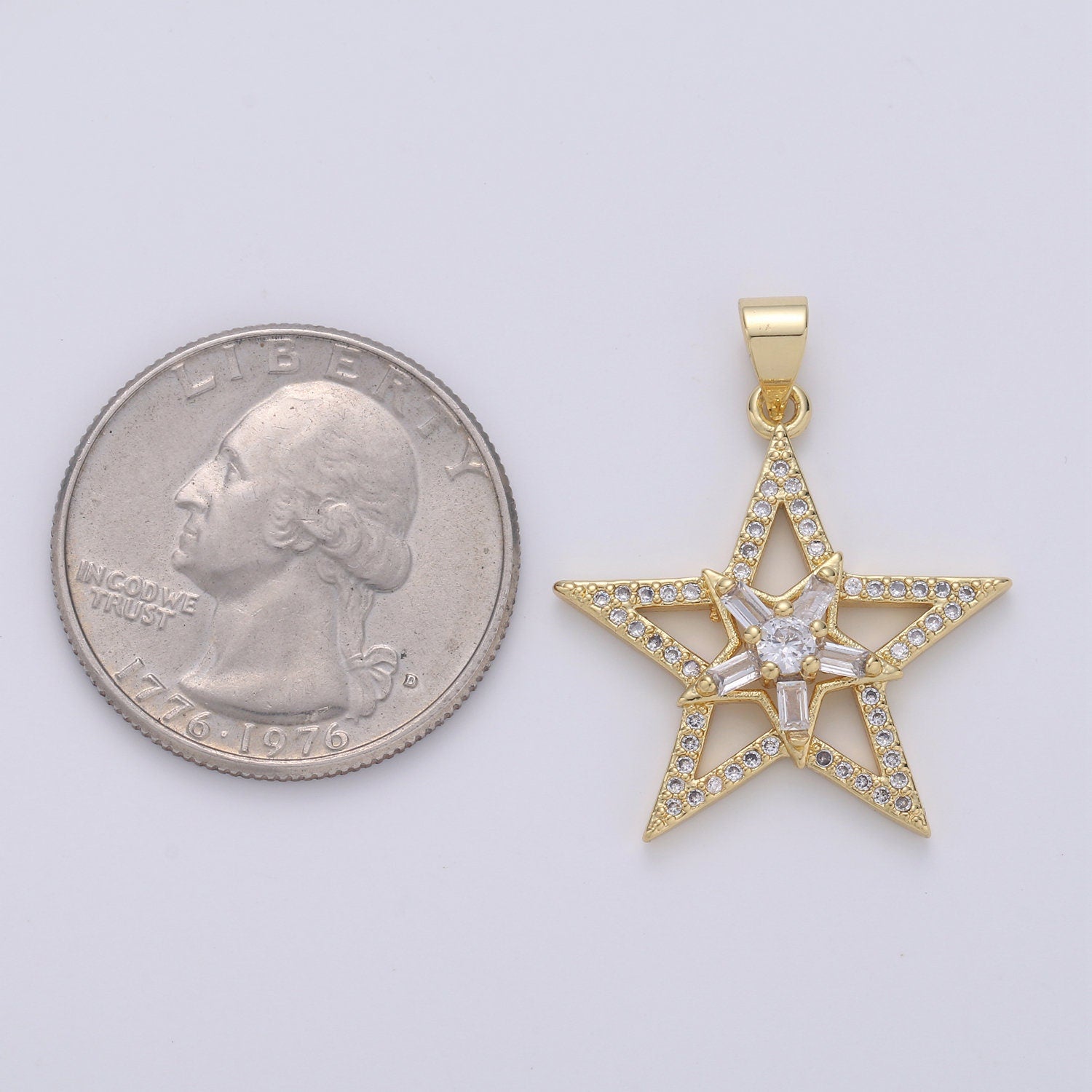 Gold Star Pendant With Baguette Stone, Five Star Charms, Women Necklaces, Star Jewelry, Celestial Jewelry for DIY Necklace 24K Gold