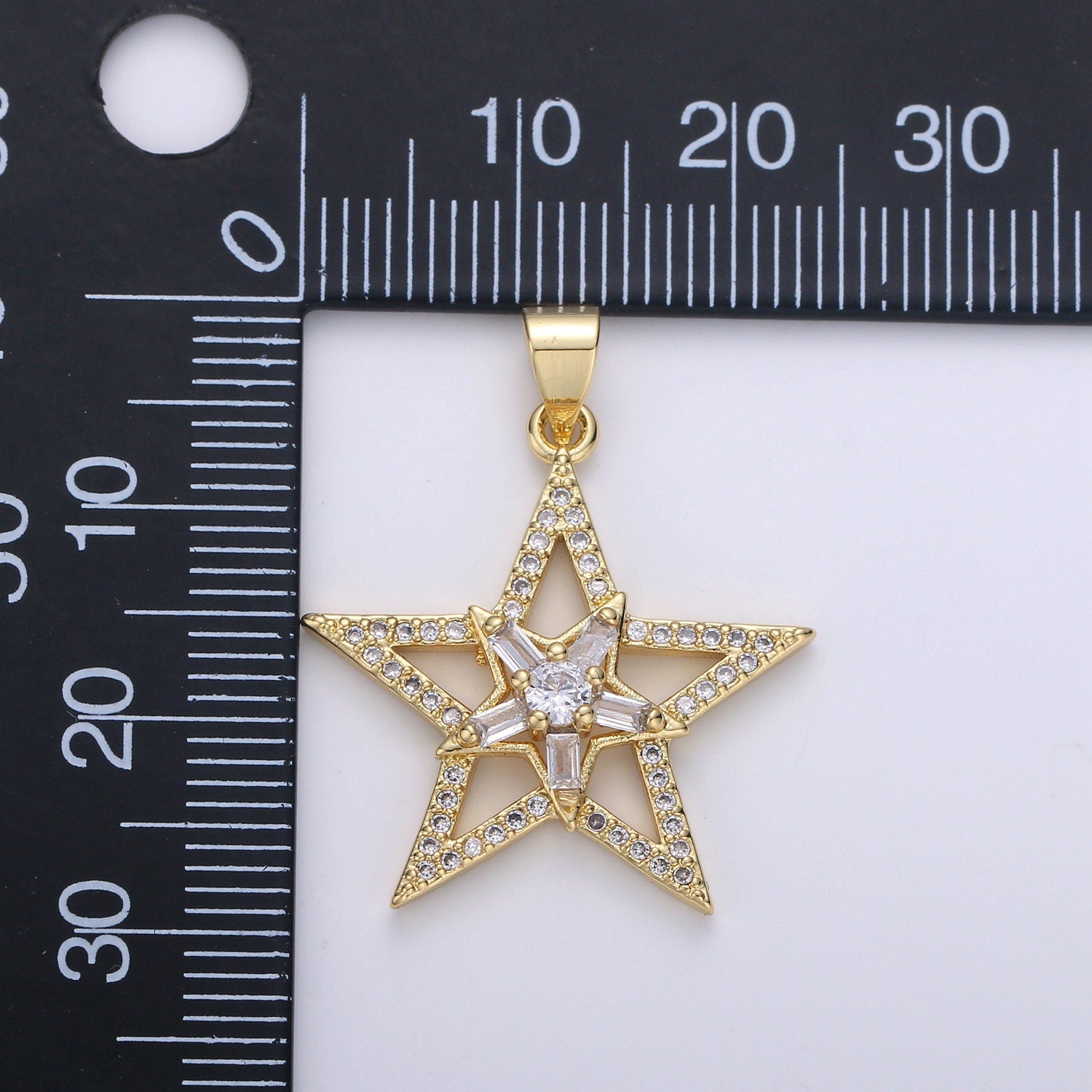 Gold Star Pendant With Baguette Stone, Five Star Charms, Women Necklaces, Star Jewelry, Celestial Jewelry for DIY Necklace 24K Gold