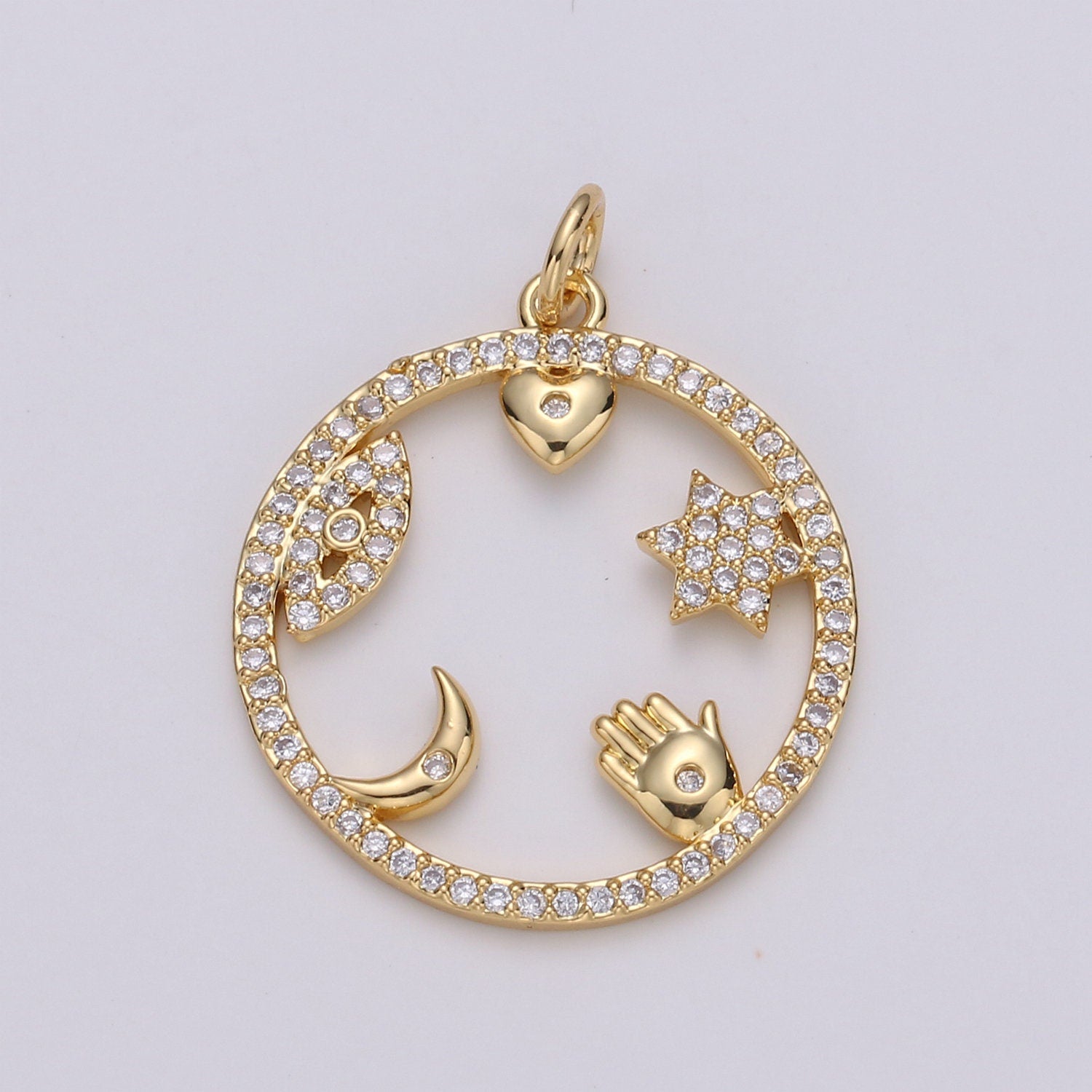 Micro Pave Medallion lucky Charm ,Gold medallion, Cubic ucky charm,Medallion pendant,Heart, Moon, Star luck, Evil eye Cz medallion Charm