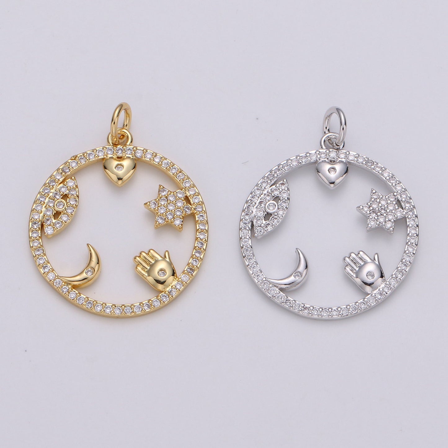 Micro Pave Medallion lucky Charm ,Gold medallion, Cubic ucky charm,Medallion pendant,Heart, Moon, Star luck, Evil eye Cz medallion Charm