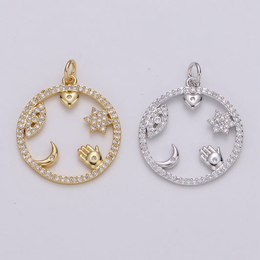 Micro Pave Medallion lucky Charm ,Gold medallion, Cubic ucky charm,Medallion pendant,Heart, Moon, Star luck, Evil eye Cz medallion Charm