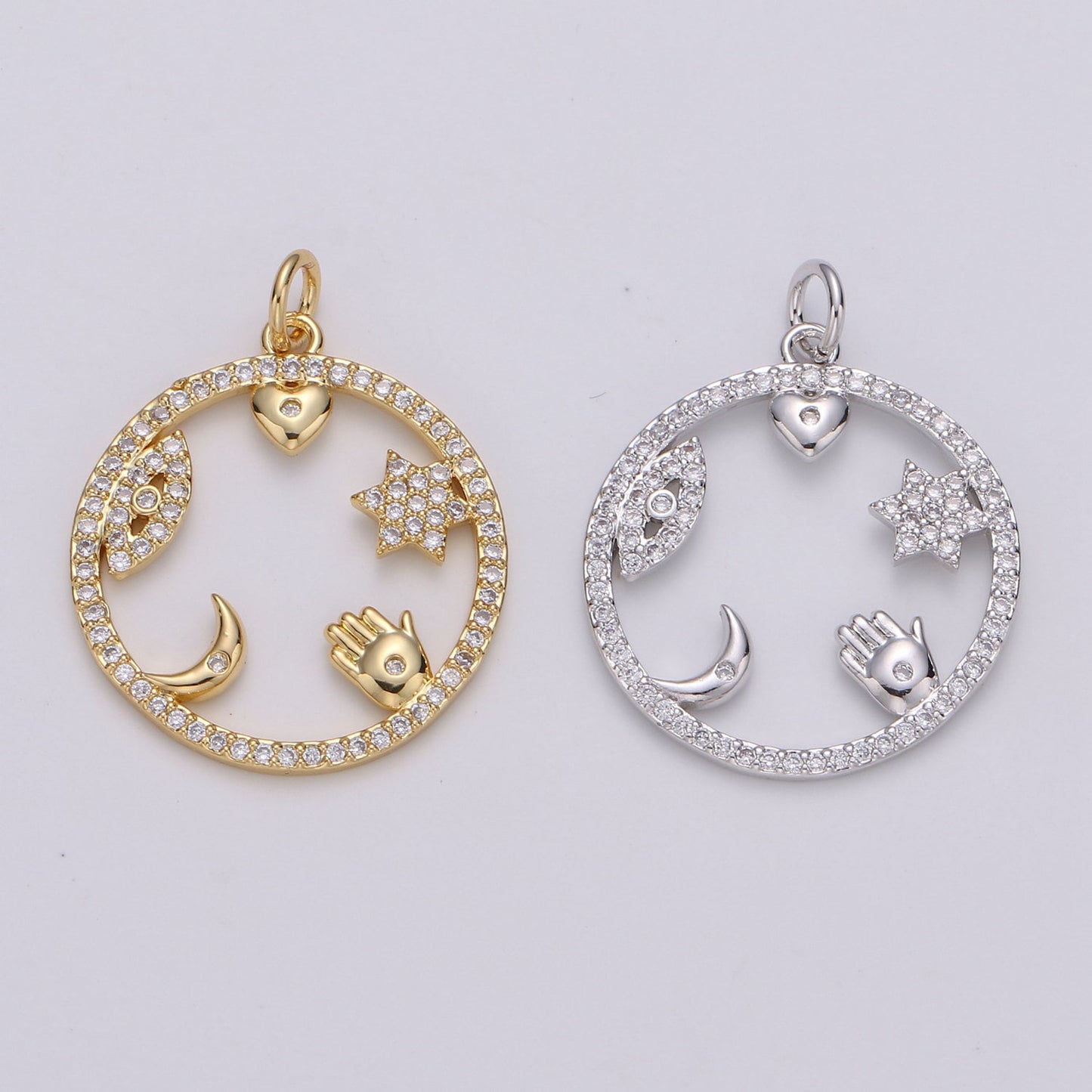 Micro Pave Medallion lucky Charm ,Gold medallion, Cubic ucky charm,Medallion pendant,Heart, Moon, Star luck, Evil eye Cz medallion Charm