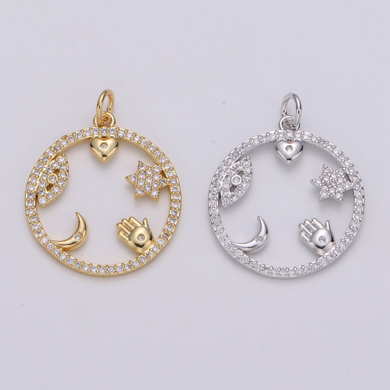 Micro Pave Medallion lucky Charm ,Gold medallion, Cubic ucky charm,Medallion pendant,Heart, Moon, Star luck, Evil eye Cz medallion Charm