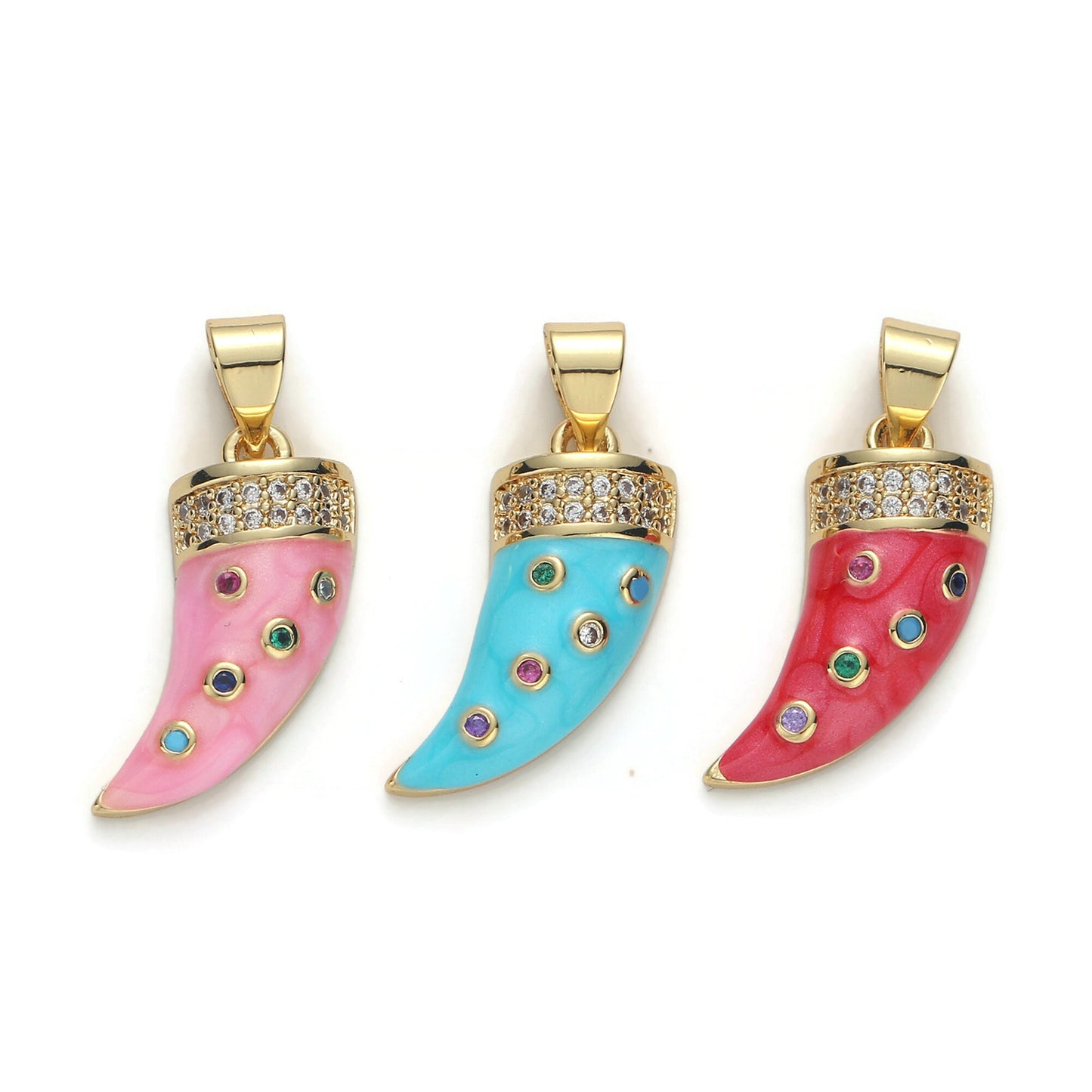 1pc Gold Micro Pave Horn Charm, Cubic Zirconia Enamel Horn Pendant Charm, Pink Red Blue Charm, For DIY Jewelry Necklace Supply, pdgf-21574