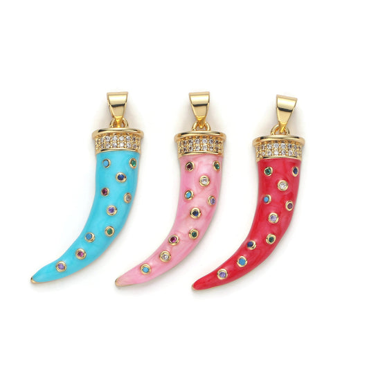 Large 24k Gold Micro Pave Horn Charm, Cubic Zirconia Enamel Horn Pendant Charm, Pink Red Blue Charm, For DIY Jewelry Supply 1570-1572