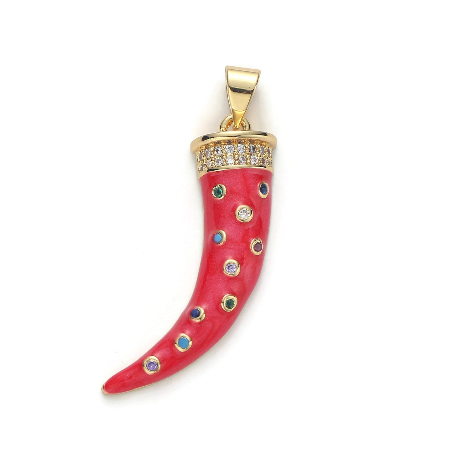 Large 24k Gold Micro Pave Horn Charm, Cubic Zirconia Enamel Horn Pendant Charm, Pink Red Blue Charm, For DIY Jewelry Supply 1570-1572